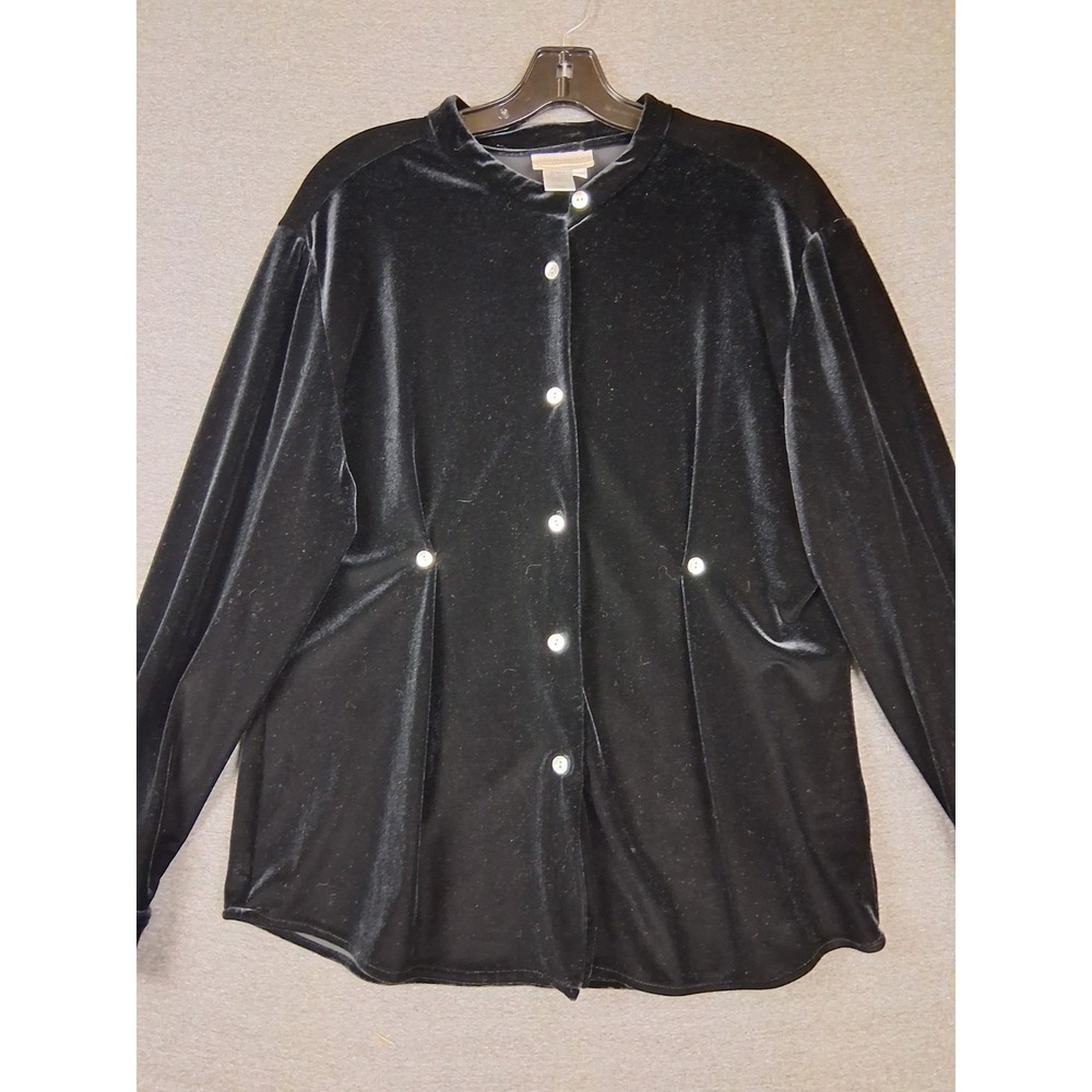 VTG Coldwater Creek Womens Shirt L Black Velvet Velour USA Pintuck Dark Academia